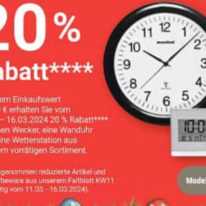 20% Rabatt auf Wecker Wanduhr Wetterstation 10€ MEW