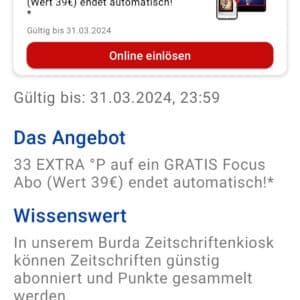 33 Payback Punkte gratis für ein gratis Focus E Abo