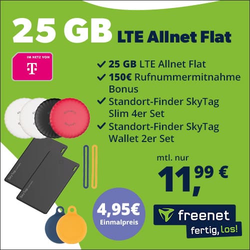 Thumbnail 🔥 25GB LTE Telekom Allnet für 11,99€/Monat + 150€ Wechselbonus + 6 SkyTags für 4,95€ + 0€ AG – freenet Telekom green LTE