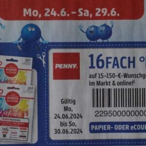 Penny/Payback: 16fach Punkte auf Wunschgutscheine im Markt und in der Penny Kartenwelt von MO 24.06. bis So 30.06.2024