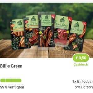 50 Cent Cashback auf Billie Green bei Marktguru - diese Woche im Angebot bei Rewe - vegane Salami