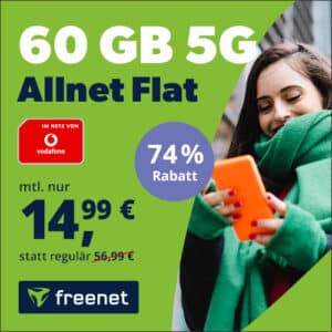 👊 60GB mit 5G (150Mbit/s) Vodafone Allnet für 14,99€ mtl. + 0,00€ AG 🔴 eSIM + Multi-SIM möglich (freenet)