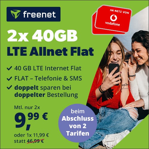 Thumbnail 😍 2x 40GB LTE Allnet für 9,99€/Monat pro Tarif + 0€ Anschlusspreis | 1x 40GB für 11,99€ (Vodafone Freenet)