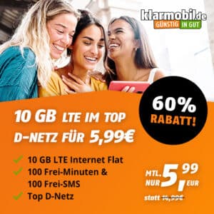 Endet heute! 🤩 10GB LTE im Vodafone-Netz + 100 Frei-Minuten + 100 Frei-SMS für nur 5,99€/Monat (Klarmobil)