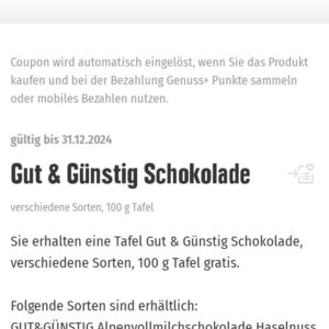 [lokal] gratis 100 g Schokolade von gut&amp;günstig in der Edeka App