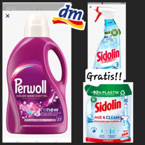 Kaufe eine Flasche Perwoll Waschmittel und bekomme einen Sidolin Glasreiniger und ein Nachfüller des Glasreinigers gratis dazu - nur bei DM- so lange der Vorrat reicht!