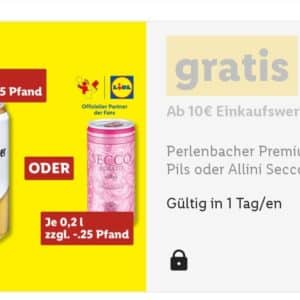 Perlenbacher Premium Pils oder Allini secco Fritzante gratis mit Lidl App