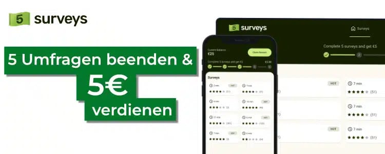 5 Surveys Banner - 5 Umfragen beenden & 5€ verdienen