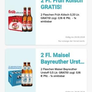 Gratis 2 Flaschen Früh Kölsch und 2 Flaschen Maisel Bayreuther in der Logo App