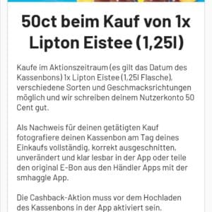 50 Cent Cashback beim Kauf 1,25l Flasche Lipton Eistee