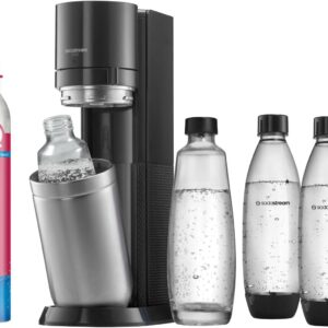 SodaStream Wassersprudler DUO mit CO2-Zylinder, 2x 1L Glasflasche und 2x 1L spülmaschinenfeste Kunststoff-Flasche, Höhe: 44cm, Farbe: Titan, 29x25.6x44.4