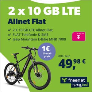 🚲 Jeep E-Bike für 1€ + 2x Allnet Flat 10GB LTE Telekom Allnet für 49,98€/Monat