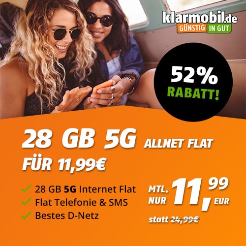 Thumbnail EM Knaller Tarif! 🎉 28GB 5G &amp; LTE Telekom Allnet für nur 11,99€/Monat + 0€ Anschlusspreis (klarmobil)