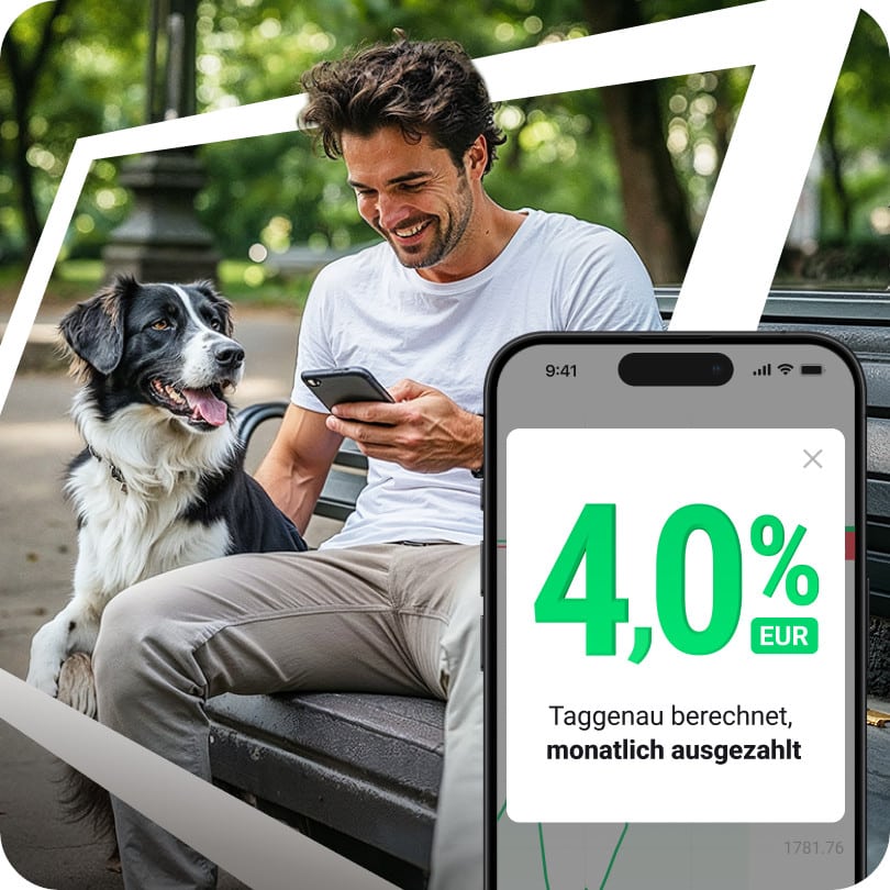 Mann, der auf sein Handy schaut, daneben Hund, eingeblendeter Smartphone-Screen: 