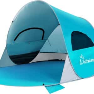 WolfWise Strandmuschel Pop-Up Zelt mit UV-Schutz 50+, 3-4 Personen Strandzelt, Sonnenschutz &amp; Windschutz Tragbar Wurfzelt Baby Kinder Sonnenzelt Kleines Packmaß für Familie Camping Garten Strand Blau