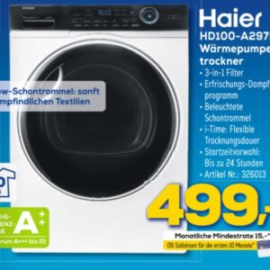 Haier HD100-A2979 Wärmepumpentrockner (10 kg / A++) für 499€ statt 688,95€