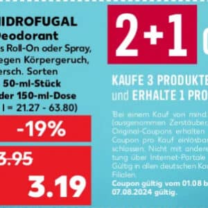 Kaufland ab 01.08.: 3x Hidrofugal Deo für nur 6,38€ (2,13€/Stück)