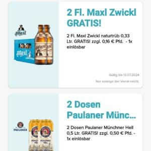 Gratis Bier Maxl Zwickl und Paulaner hell in der Logo App