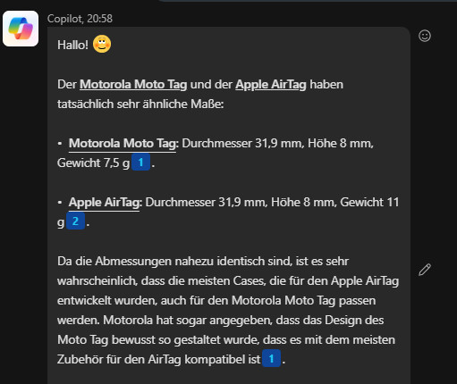 Unterhaltung mit Copilot über Cases vom Motorola Moto Tag und Apple AirTag