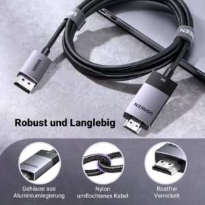 UGREEN DisplayPort auf HDMI Kabel ✔️ 8K - 60Hz und 4K - 240Hz ✔️ DP 1.4 zu HMDI 2.1 ✔️ Kompatibel mit 3D HDR HDCP2.3 AMD NVIDIA ✔️ 2 Meter