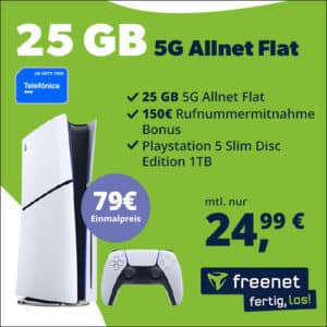 🔥 Sony Playstation 5 Slim (1TB) für 79€ + 150€ Wechselbonus + 0€ AP + 25GB 5G/LTE Allnet für 24,99€/Monat (Telefonica Allnet Flat)