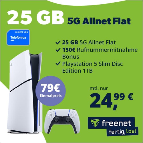 Thumbnail 🔥 Sony Playstation 5 Slim (1TB) für 79€ + 150€ Wechselbonus + 0€ AP + 25GB 5G/LTE Allnet für 24,99€/Monat (Telefonica Allnet Flat)