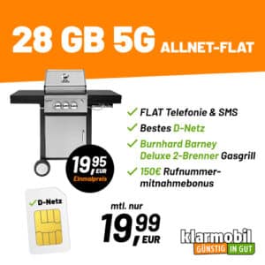 Endet! 🤩 Burnhard Gasgrill für 19,95€ + 28GB 5G Telekom Allnet für 19,99€/Monat + 150€ Bonus (klarmobil Telekom)