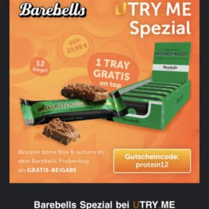 1 Karton mit 12 Haselnut Nougat Barebells Riegel als gratis Zugabe utryme