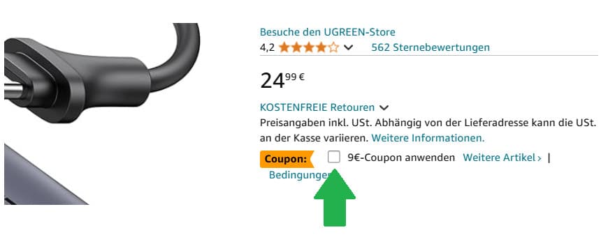 Grüner Pfeil, der auf 9€ Coupon anwenden bei Amazon zeigt