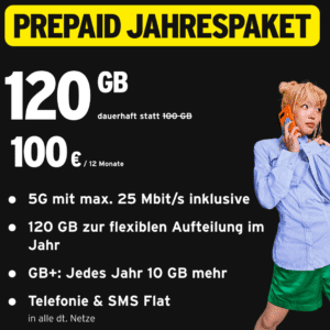 🚀 congstar Prepaid Jahrespaket: 120GB 5G/LTE Allnet für einmalig 90€