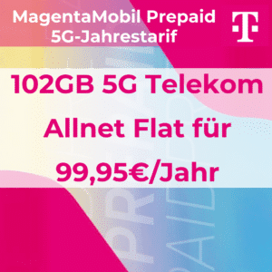 📱 Telekom 5G Jahrestarif: 102GB 5G Telekom Allnet Flat für 99,95€/Jahr (inkl. Telekom Hotspot Flat, Roaming mit Schweiz)