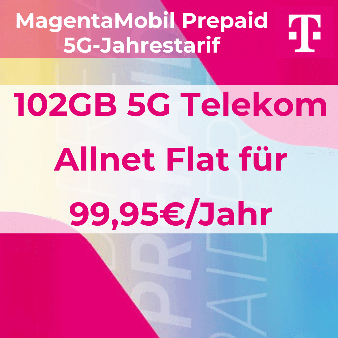 📱 Telekom 5G Jahrestarif: 102GB 5G Telekom Allnet Flat für 99,95€/Jahr (inkl. Telekom Hotspot Flat, Roaming mit Schweiz)