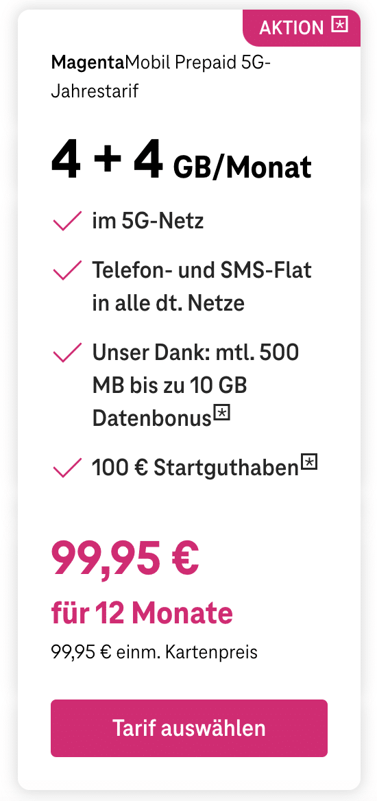 
1470°
Gepostet 22 Juli 2024
Telekom 5G Jahrestarif: Sim Only Allnet/SMS Flat 102GB 5G 99,95€/Jahr