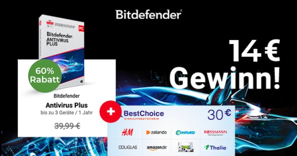 Bitdefender mit 14€ Gewinn + 30€ Bonus