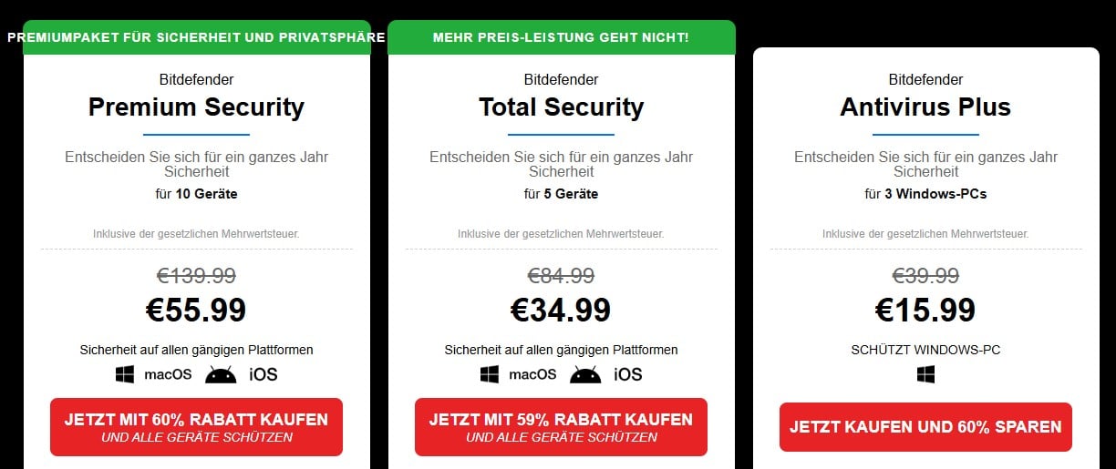Drei Bitdefender Antivirus-Angebote in der Übersicht