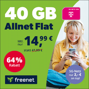 💥 40GB LTE Telekom Allnet für 14,99€ + 0,00€ AG (mit 5G für 16,99€)