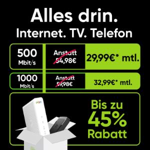 Fette 200€ Bonus für PŸUR Pure Speed 500 & Kombi 500 ✔️ Internet mit 500Mbit/s + WLAN-Router + Telefon-Flat + 120 TV-Sender in HD + TV-Box für dauerhafte 29,99€/Monat