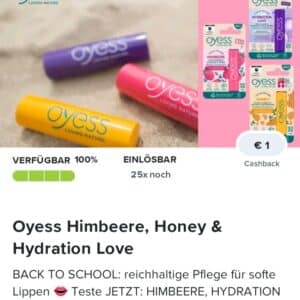 Marktguru - 1 € Cashback auf Oyess Himbeere, Honey &amp; Hydration Love