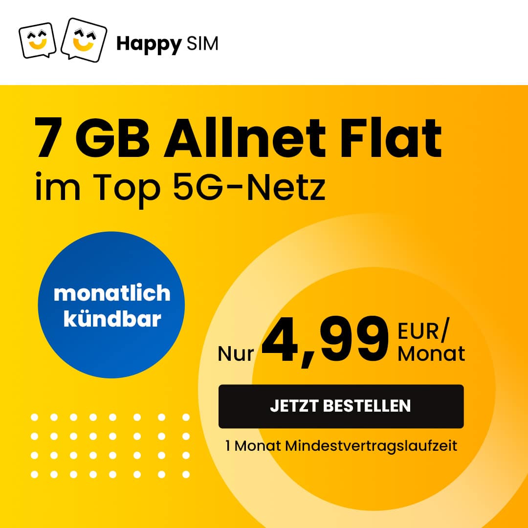 Thumbnail mtl. kündbare 5G &amp; LTE Allnets 😱 7GB für 4,99€ | 17GB für 6,99€ | 35GB für 9,99€ (Happy Sim im Telefónica-Netz)