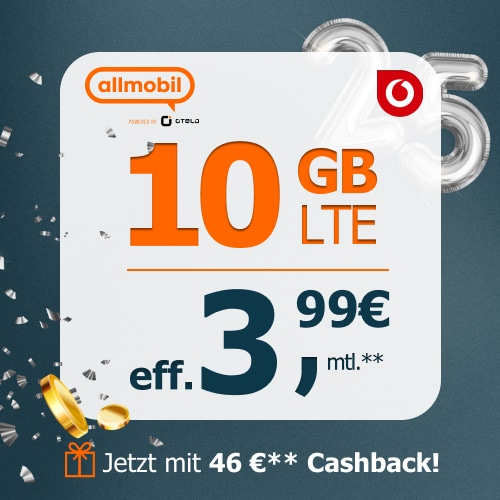 Letzte Chance 📲 10GB LTE Vodafone Allnet für eff. mtl. 3,99€ dank 46€ Cashback + 50€ Wechselbonus (allmobil powered by otelo)