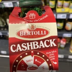 1€ 2€ 500€ Cashback auf Bertolli Olivenöl oder Essig Glücksrad