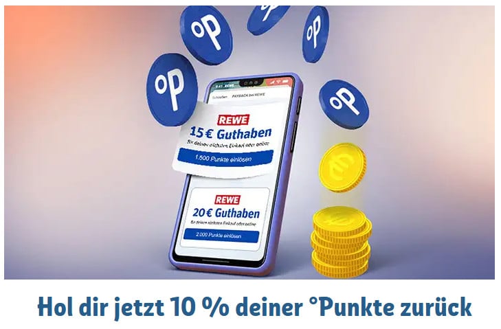 Hol dir jetztt 10% deiner Punkte zurück bei REWE - Darstellung von Handy und Münzen