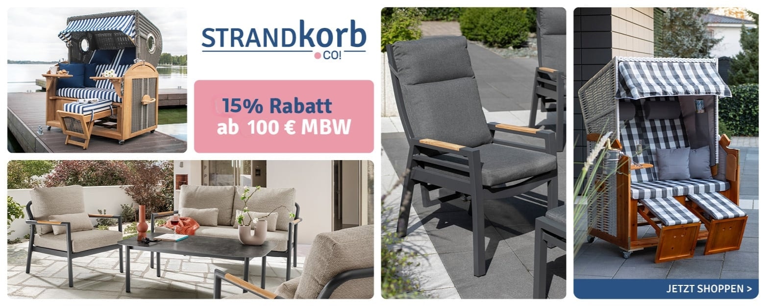 Ein Banner mit Strandkörben und Gartenmöbeln und der Aufschrift strandkorb.co! 15% Rabatt ab 100€ Bestellwert