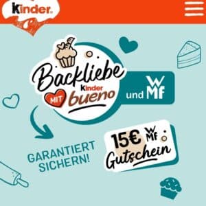 Kaufe 2 Kinder Bueno Aktionspackungen und bekomme garantiert einen Gutschein über 15 Euro von WMF &#043; Gewinnspiel auf tolle Sachprämien