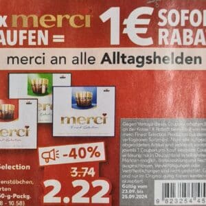 Zwei Packungen Merci Finest Selection für je 1,72 € mit Coupon.