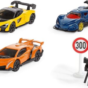 siku 6328 Geschenkset Supercars: Lamborghini Veneno, Apollo I.E., McLaren Senna, Inkl. Straßenschild und Blitzer