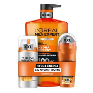 L&#039;Oréal Men Expert XXL Pflegeset für Männer, Mit XXXL Duschgel, XXL Gesichtscreme und XXL Deoroller, Set für Herren mit Taurin, Vitamin C und Keramik, Hydra Energy, 3-teilig