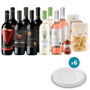 🍷 10 exklusive Weine + 3 Delikatessen + 12 Teller für 39,99 €