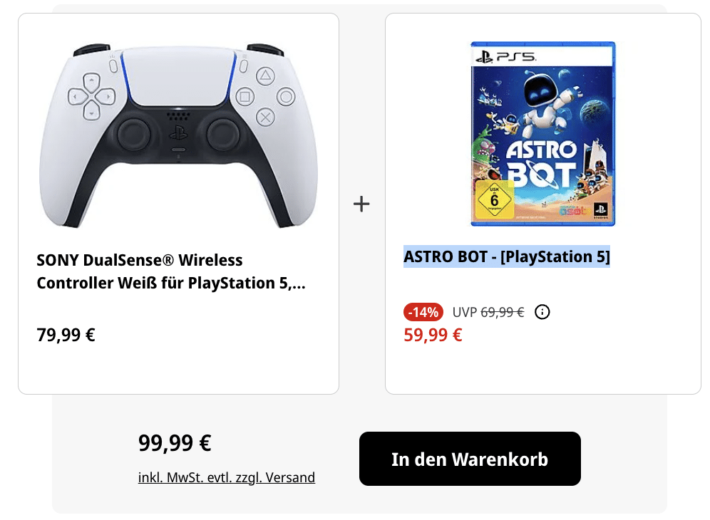 PlayStation 5 DualSense Wireless Controller + PS5 Astro Bot für 99€ (statt 125€)