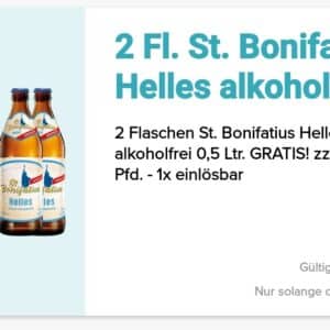 Gratis 2 Flaschen St. Bonifatius helles alkoholfrei 0,5 l in der Logo Getränke App